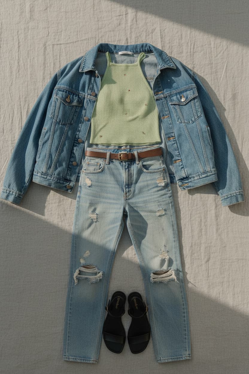 Nano Banana Effect: A flat lay photograph showing all the clothing items involved in the photo.