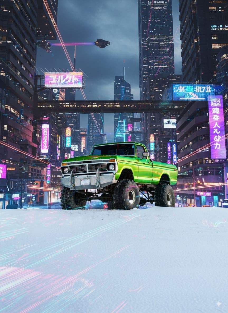 Nano Banana Effect: Replace the background with a futuristic cyberpunk city at night, full of neon signs, glowing Japanese and Chinese billboards, skyscrapers, cinematic lighting, wet reflective streets. Keep the green truck unchanged.